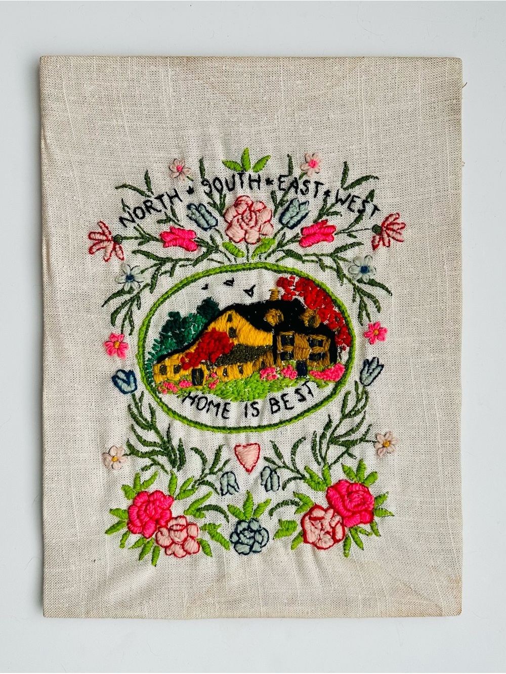 Vintage Home is Best Finished Crewel Embroidery 12” X 16”